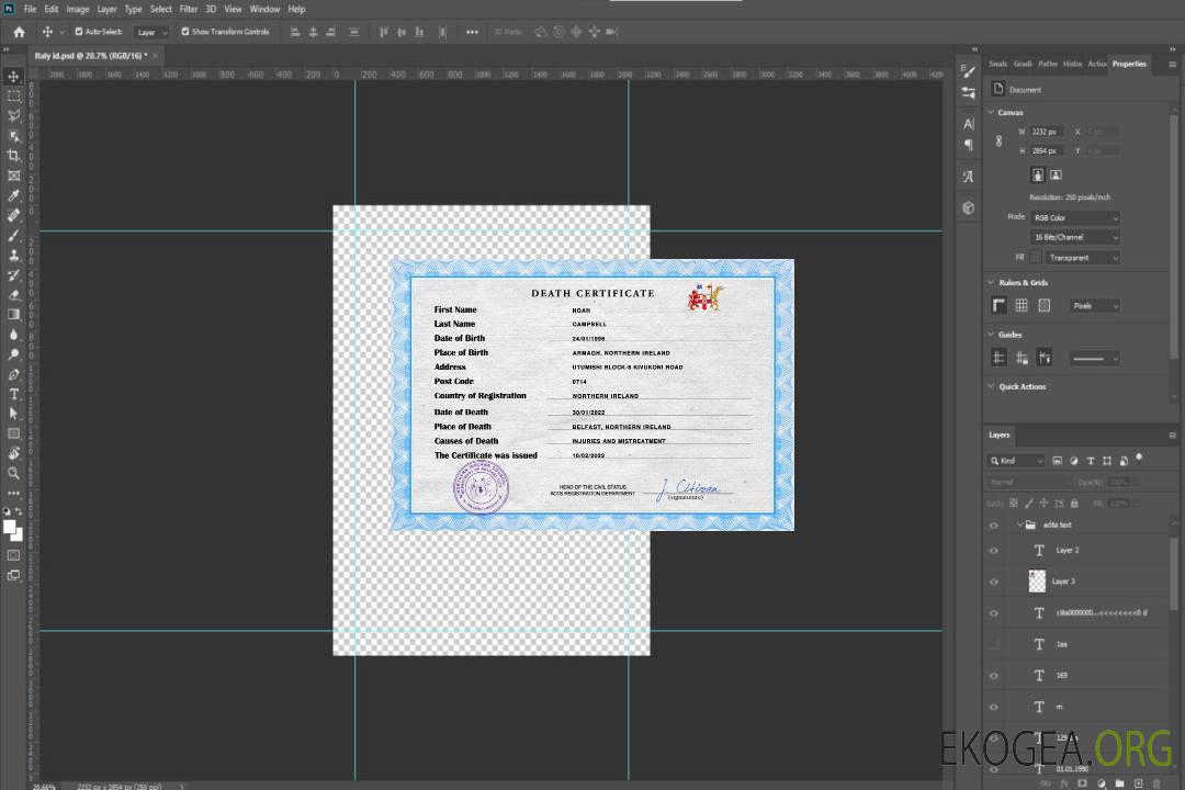 Modèle PSD de certificat de décès d'Irlande du Nord template Modèle PSD de certificat de décès d'Irlande du Nord template
